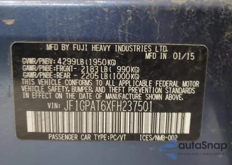 2015 Subaru Impreza 2.0I Sport Premium z USA, uszkodzony, nr VIN JF1GPAT6XFH237501